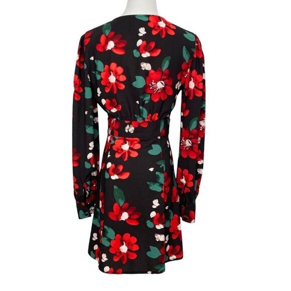 NWT U0 MICHELLE BLACK RED FLORAL LONG SLEEVE V-NECK BUTTON FRONT MINI DRESS - Picture 4 of 12